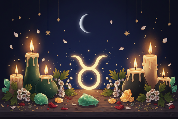 Cozy candlelit New Moon in Taurus scene with crystals, candles and spring flowers — Weekly Moonscope May 10–16 2026